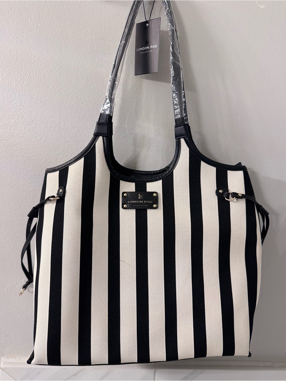 London Fog Black & White Striped Tote Bag